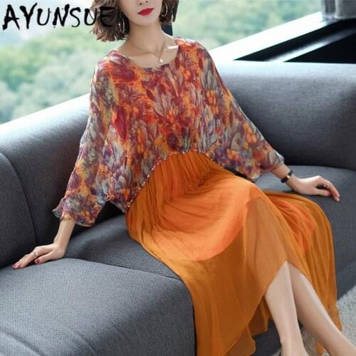 Ayunsue 2020 Summer 100% Real Silk Women Dress Elegant Office Dress Floral Long Sleeve dress Vestidos A18C1417YJY Pph03