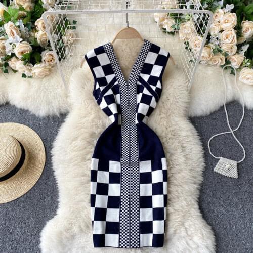 2021 New Autumn Womens Knitting Sweater Dress Mosaic Color Blocking Checkered V Neck High Waist Mini Short Sexy Club Dresses