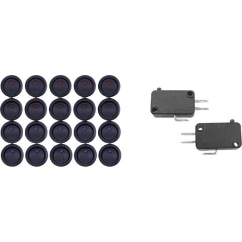 2 Pcs 1NO 1NC Contacts Push Button Micro-Switch & 20 Pcs 12V 20A 3 Position Terminal Round Rocker LED Toggle Switch