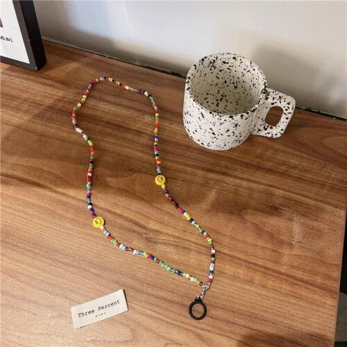 ALLNEWME Bohemia Rainbow Beads Y Shape Necklace for Women Handmade Yellow Color Smiley Face Long Pendant Necklace Accessories