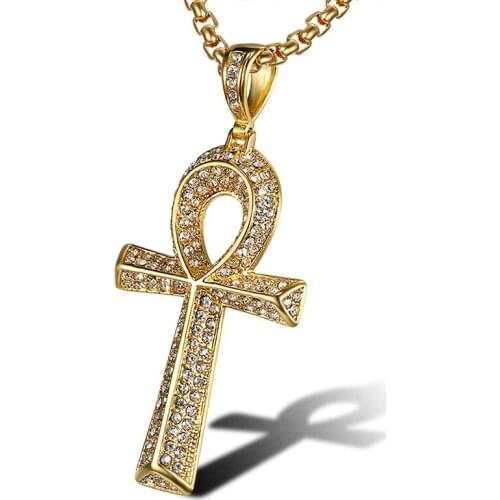 Ankh Cross Pendants & Necklaces Gold Color Stainless Steel Full Rhinestone Paved Men Bling Iced Out Hip Hop Rock Jewelry Gift