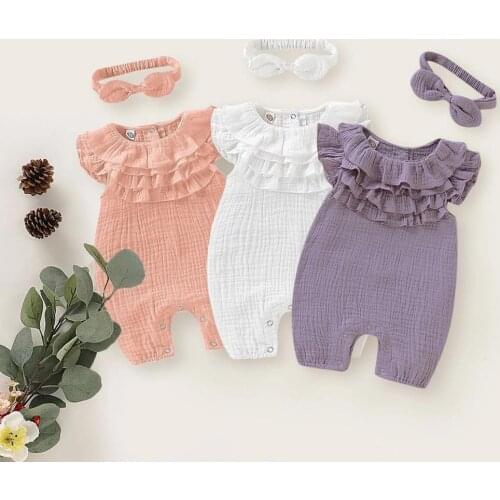 Cute Fashion Infant Baby Girls Clothes Sets New Summer Cute Sleeveless Rompers+ Headband 2pcs Set Ruched Ruffles Girl Suits