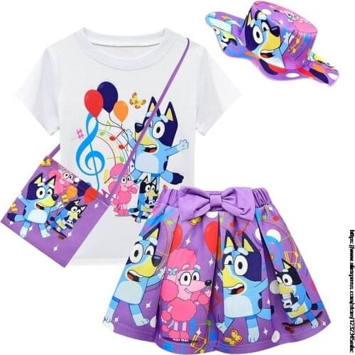 Bingo bluey Girls Clothes Set 4 pcs Suits Short T Shirt + Skirt Princess Bow Dress Sets Cartoon Girl Party Clothes birthday gift