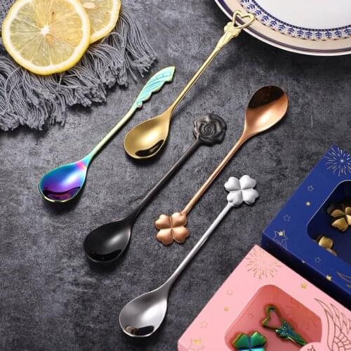 304 Stainless steel Spoons Creative Coffee Dessert Mixing Spoon Retro Rose/Clover Stirring Spoon