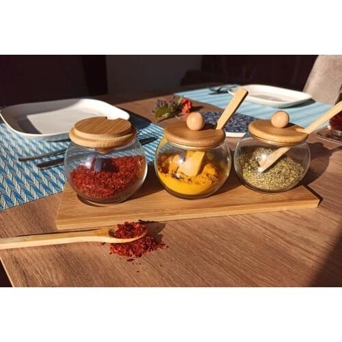 NergisHome Balsa Nergis Store-With Bamboo Lid Bamboo Standing 3'lü Glass Spice Rack Set