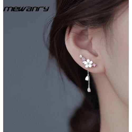 Mewanry 925 Sterling Silver Stud Earrings for Women New Trend Creative Pink Flower Tassel Jewelry Party Gifts Prevent Allergy