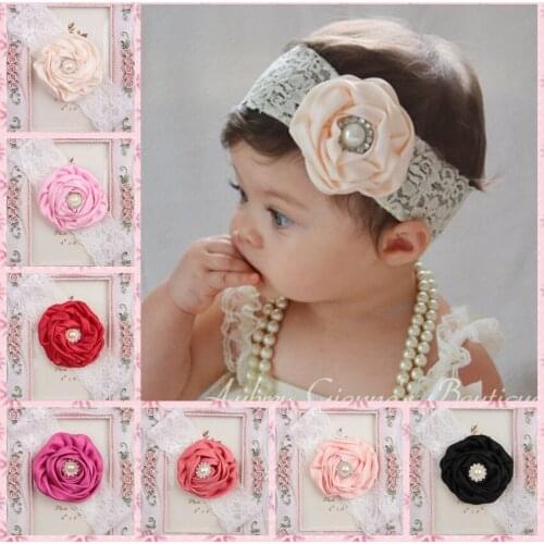 Fashion Rose Flower with Pearl Rhinestone Center Baby Girls Elastic Lace Headband Newborn Toddler Infant Headwear Cute Gifts