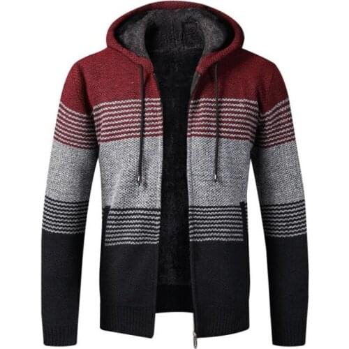 Mens Sweater Coat Spring Autumn Mens Hooded Stripe Coat Thick Zipper Sweater Cardigan Jumpers Male