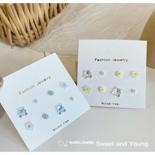 S925 Daisy Flower Bear Earrings Set Cute Summer Simple Girl Small Exquisite Earrings Fashion Simple Sweet Earrings Female Trend