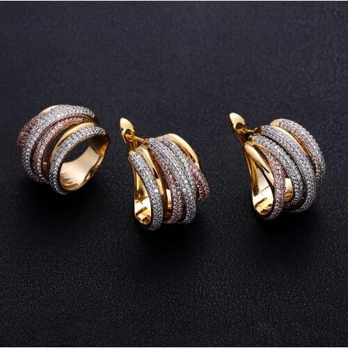 Jankelly Twist Braided Multicolor Full Mirco Pink Cubic Zirconia Setting European brincos Wedding Hoop Earring Ring Jewelry Set