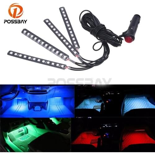 POSSBAY 12 LED Strip Lights Universal Car Interior Floor Decorative Lights With Cigarette Charge Footwell Atmosphere Light