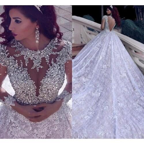 2020 Luxury Beading Long Sleeve Muslim Wedding Dresses With Long Train Sequined Lace Arabic Bridal Gown Turke Robe De Mariage
