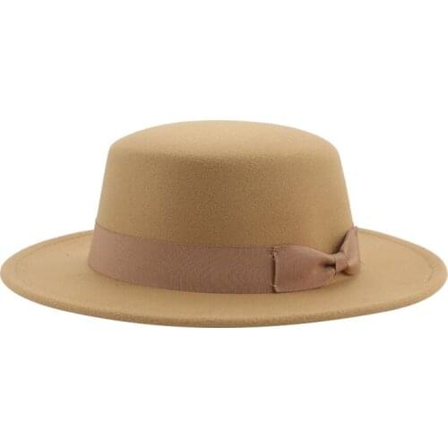 Women hats white beige black panama flat top felted hats ribbon band bowknot outdoor men caps casual formal wedding women hats