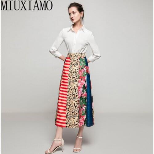 MIUXIMAO 2021 Spring New Women Sets White Shirt Flower Print Patchwork Long Skirt Party Office Vacation Casual Two-Piece Suit
