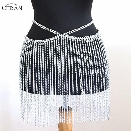 Chran New Fashion Silver Long Metal Belly Chains Tassel Waist Belt Exaggerated Fringed Skirt Sexy Celebrity Runway Dress CRBJ920