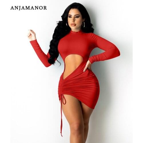 ANJAMANOR Sexy Bodycon Party Dress Fashion Women Clubwear Cut Out Drawstring Long Sleeve Mini Dresses Fall 2021 D53-CF30