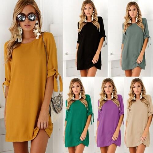 Women Dress Cotton Solid Color Round Neck Dress Female Bunched Sleeve Dress Pullover Clothes