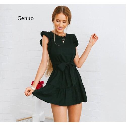 2021 Spring Summer Sexy Dress Women Sleeveless Round Neck Black Navy Blue Red Ruffles Dress robe femme