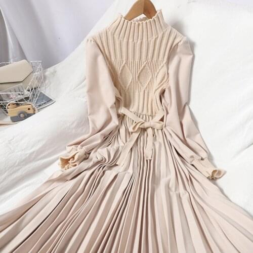2021 Elegant Solid Women Dress Fashion Korean Half high collar Puff Sleeve Splice Knit Dresses Autumn Vintage Corduroy Dress