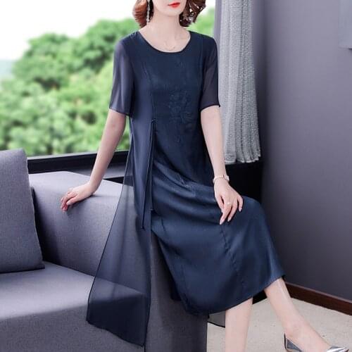 2021 Vintage 4XL Plus Size Floral Embroidery Dress Summer New Red Mulberry Silk Midi Dress Elegant Women Bodycon Party Vestidos