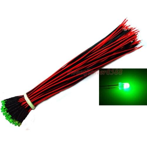 50pcs 3mm Pure Green LED Pre Wired 12V DC Lights Bulb Lamp Led Light 20cm Wires