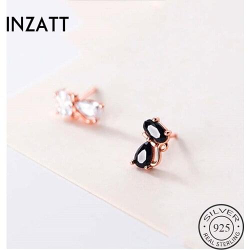 INZATT Real 925 Sterling Silver Zircon Cat Stud Earrings For Fashion Woman Party Animal Fine Jewelry Hiphop Accessories Gift