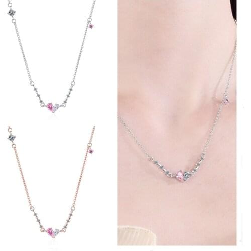 Exquisite Crystal Pink Heart Pendant Female Rose Gold Choker Accessories Trendy 925 Sterling Silver Women Clavicle Necklace Girl
