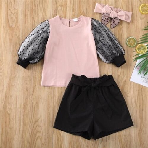 2020 Toddler Girl Clothes Set 1-6Y Kids Baby Infant Clothing Girls Lace T-shirt Tops Solid Short Pants 3Pcs Outfit Set