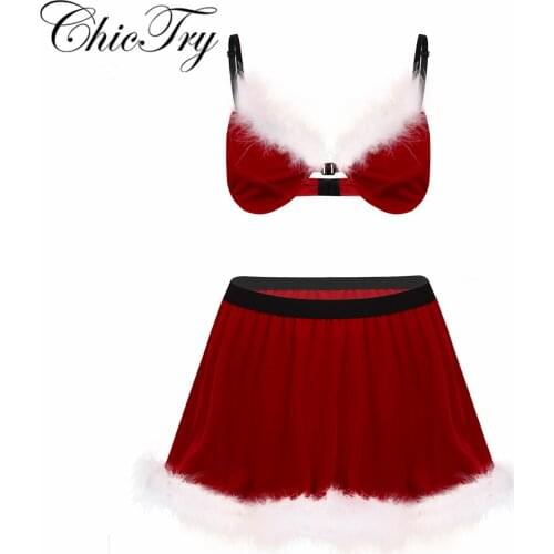 2Pcs Men Adults Soft Velvet Feathered Sissy Christmas Santa Costume Set Bra Top with Elastic Waistband Short Skirt for Cosplay