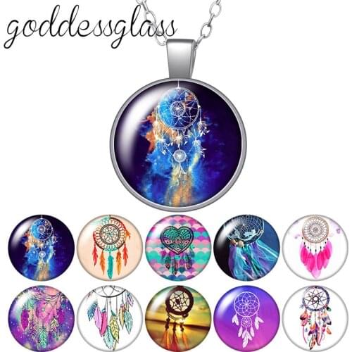 Beauty Dreamcatcher Feathers Colorful Round Glass glass cabochon silver plated/Crystal pendant necklace jewelry for Gift