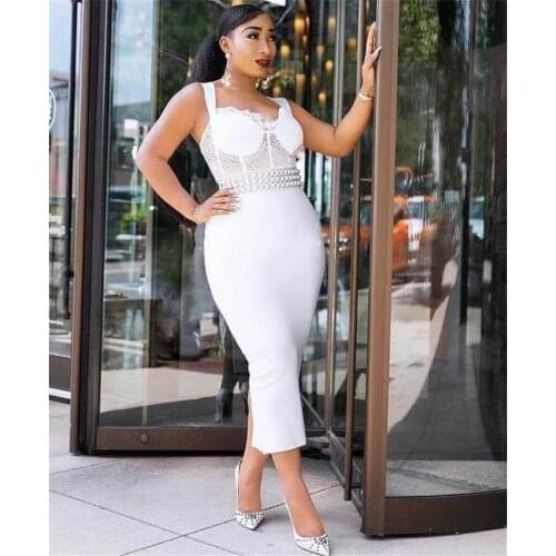 Lace Slip Sexy Bandage Rayon White Elegant NightClub Dress New Fashion Top Quality