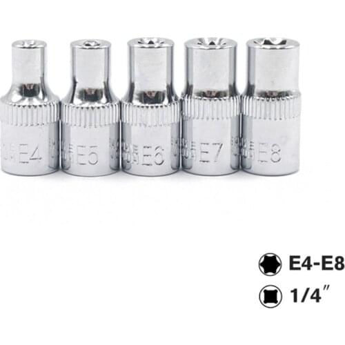 5PC 1/4 Inch(6.3mm) E-Socket Torx Star Bit Female E Socket Set E4,E5, E6,E7, E8 Star Socket Set Hand Repair Tools Set