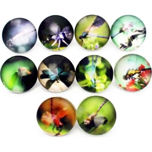 Wholesale 12pcs/lot Dragonfly Animal Glass Printing Snap Buttons Charms Fit 18mm Snap Bracelet Replaceable Button DIY Jewelry