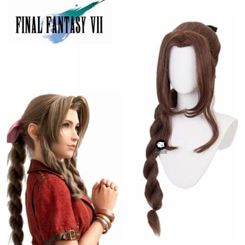 Game Final Fantasy VII 7 Cosplay Wig Aerith Gainsborough Cosplay Long Wig FF7 Aeris Brown Ponytail Wig Synthetic Hair