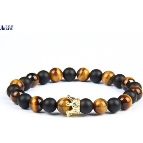 Couples Cz Crown Bracelets Natural Matte Onyx & Tiger Eye Stone Beads Black with Yellow Gold Color Yoga Jewelry Drop Ship Order