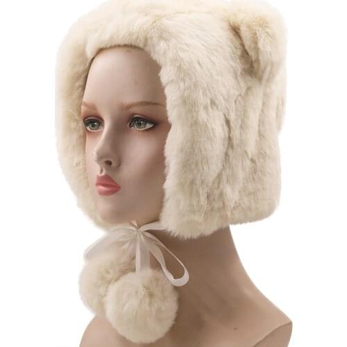 Simple Women Winter Thicken Plush Warm Earflap Hat Cute Girl Bear Ears Windproof Beanie Cap with drawstring Chin Strap