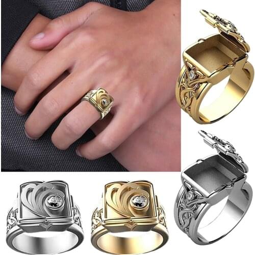 Luxury Mens Gold White Rings Secret Small Room Coffin Ring Unique Mens Copper Alloy Box Flip Ring Fashion Jewelry For Gifts