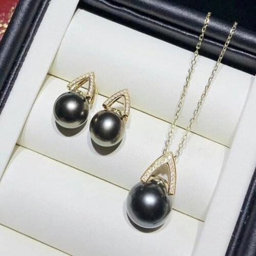 S925 Sterling 10MM White Black Shell Pearl Link Chain Zircon Pendant Necklace & Earrings Jewelry Set