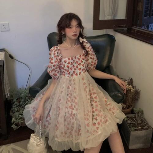 Sannian Sweet Mesh Lace Puffy Dresses Women Summer 2021 New Floral Bubble Sleeve Dress Ladies Clothes Party Prom Dress