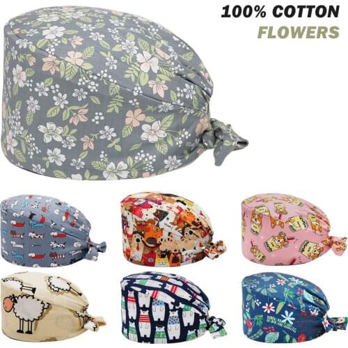 Flowers Scrub Cap Adjustable 100% Cotton Nursing Caps Dentist Chef Dust Lab Pet Shop Beauty Salon Elastic Scrubs Hats for Women