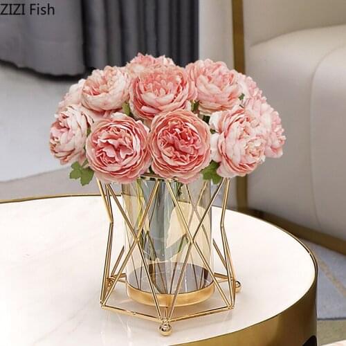 European Style Hydroponic Glass Vase Living Room Desktop Decoration Flower Arrangement Geometric Metal Vase Home Decoration Gift
