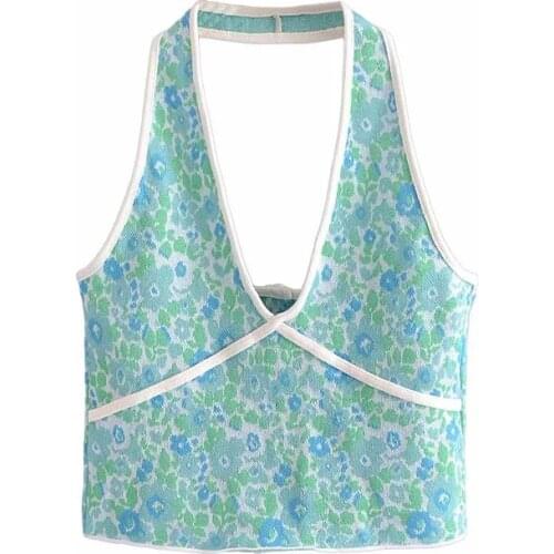 Za Women Fashion Sexy Cropped Print Knitted Blouses Vintage Backless Female Shirts Cross Lace Up Short Tops