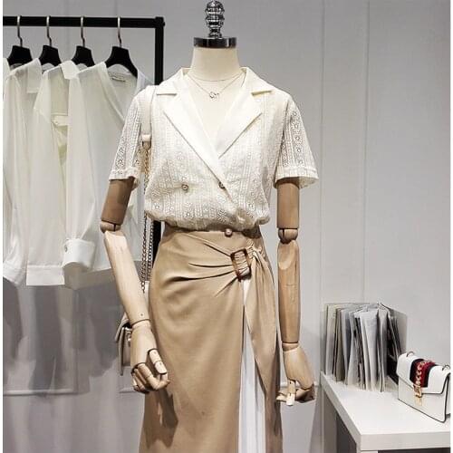 Womens Spring Autumn Runway Fashion Short Sleeve Beige Lace Shirt Female Casual Loose Basic Blouse Tees Tops TB1670