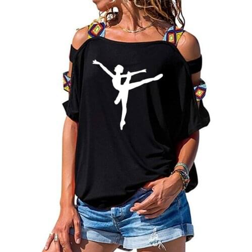 Women clothing Ballet Dancer Dancing Silhouette Print Tee T-shirt Women Top Short Sleeve Female Sexy Hollow Out Shoulder t shirt
