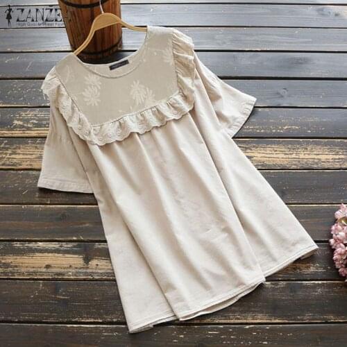Vintage Short Sleeve Embroidery Shirt ZANZEA Women Summer Blouse Lace Patchwork Tops Solid Loose Blusas Tunic Plus Size Chemise