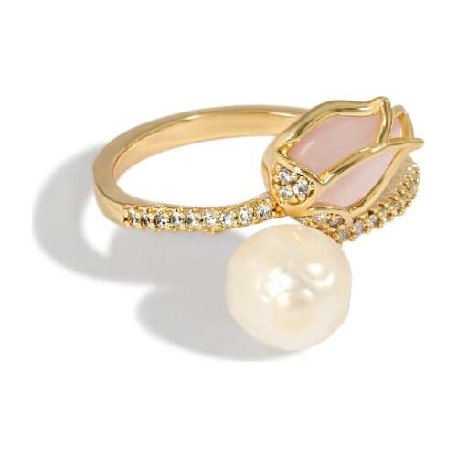 Kfvanfi Korea 2021 new floral natural pearl ring female fashion temperament personality adjustable opening index finger ring