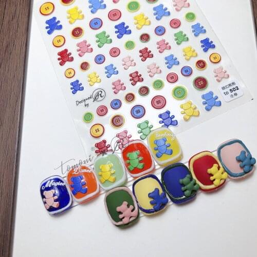 1 Pc Embossed 5D Bear Button Acrylic Nail Stickers New Jelly Cartoon Manicure Adhesive Decals Nail Accessories Beatuy XQL23