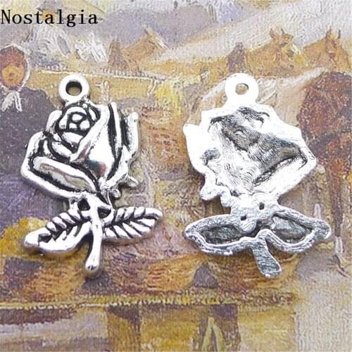 15pcs Metal Tibetan Silver Charms Vintage Rose Flowers With Leaves Charms Pendants Fit Diy Necklaces&Bracelets Jewelry Making