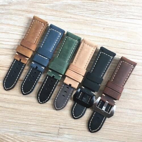 24mm Italy Mate Nubuck Genuine Leather Watch Band Strap for PAM Luminor Radiomir Stainless Steel Buckle Watchband Wristband