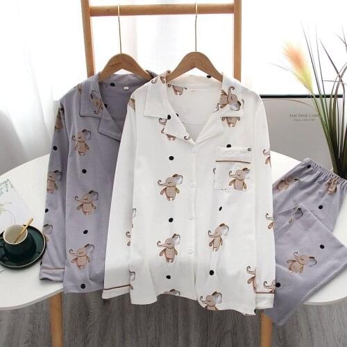 Cotton Knitted Home Wear Pajama Set Cardigan Tops with Pants Long Sleeve Cartoon Little Lucky Elephant Animal Printed Pajama Set